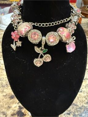 Pink Crystal Cherry Charm Bracelet - Women Jewelry